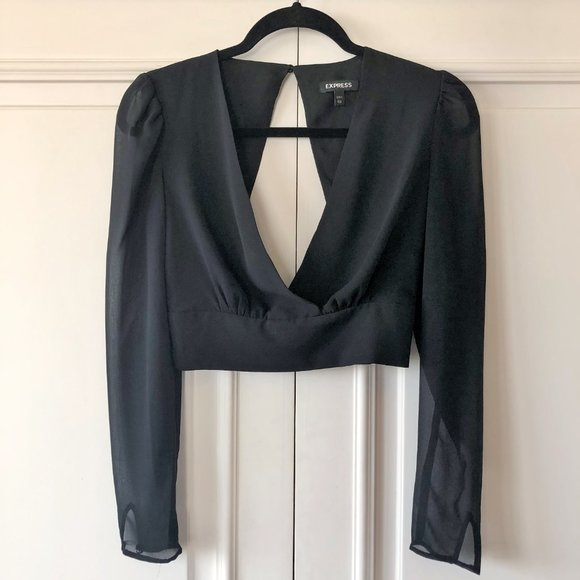 Stunning Express Puff-Shoulder V-Front Open-Back Long-Sleeve Crop Blouse XXS - Picture 2 of 16